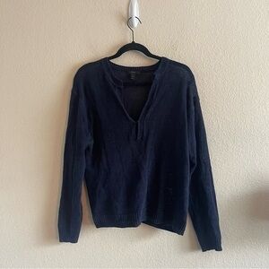 J Crew Navy Blue Linen Popover Polo Sweater Open Knit Oversized Womens Size XS